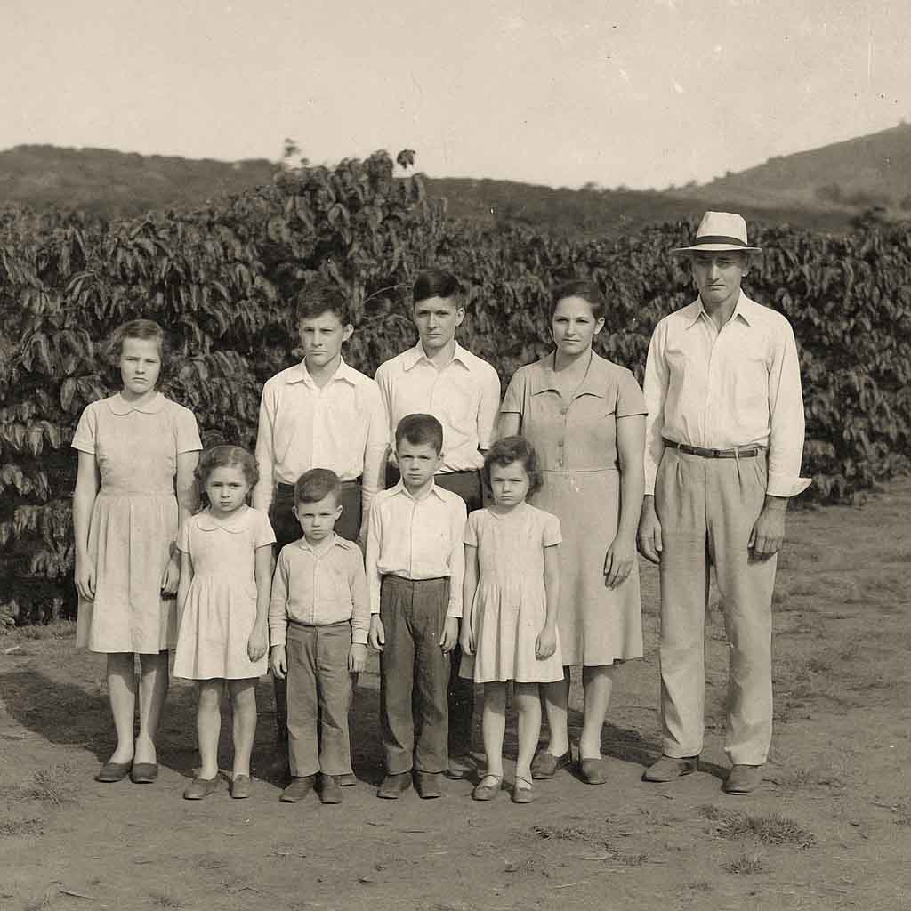 Foto antiga da família Stevanatto no cafezal